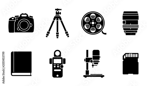 Fotografie Photography Equipment Icons Set: Camera, Tripod, Film Reel, Lens, Notebook, Ligh
