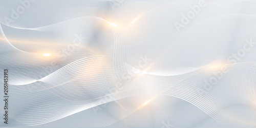 Abstract white wave background with golden light effects representing elegant digital movement and luxury fluid motion.