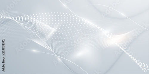 Abstract smooth swooshes lines wave on gray background with glowing light effect and dotted pattern, vector illustration.
