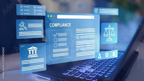 Digital compliance documents on laptop. Legal regulation, corporate governance, audit, risk management, and data protection concept.