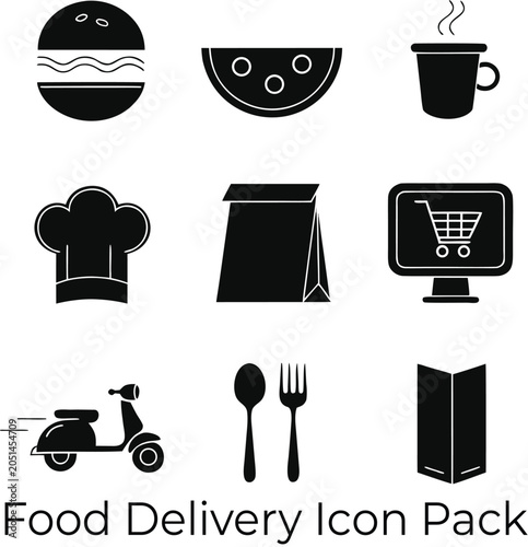 Fotografie Food delivery icon pack with 9 black solid vector symbols, restaurant and takeou