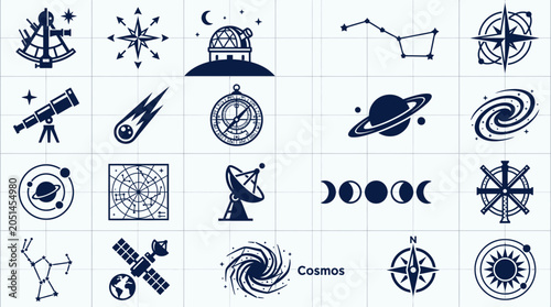 Astronomy symbols and icons set collection.
