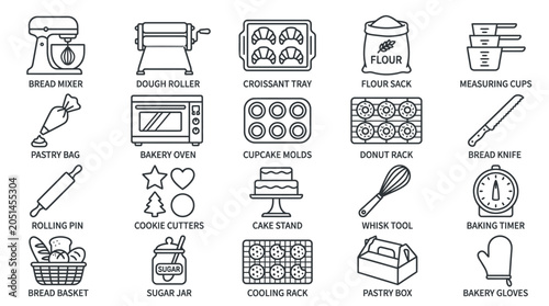 Baking tools and kitchen utensils icons.