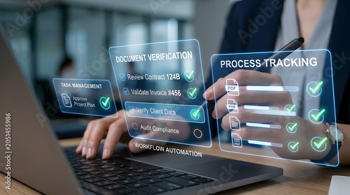 Business professional utilizing digital workflow automation tools for document verification and task management