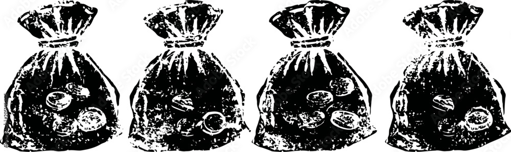 Fototapeta premium Black and white sketch of four money bags tied at the top with coins inside