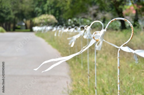 The small poles with fabric ribbon are wafting along the way.