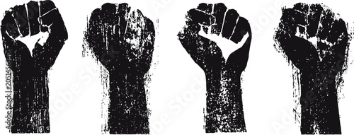 grunge raised fists symbol set protest, solidarity, strength, power, resistance concept