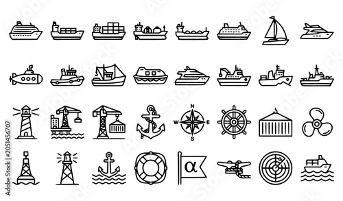 Bild auf Leinwand Linear ship and nautical icon set with cruise liners cargo transport vessels and