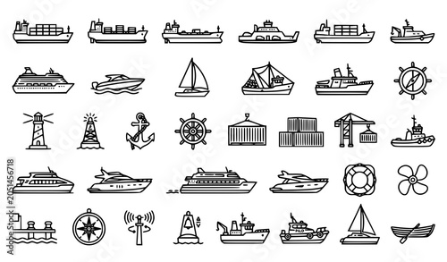 Schilderij op canvas Maritime transportation outline icon collection featuring cruise ships cargo ves