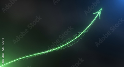 Abstract green growth graph line with glowing arrow on dark background