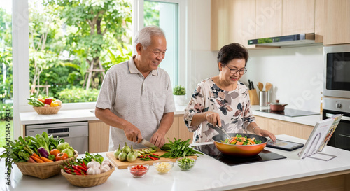 Healthy elderly couple cooking