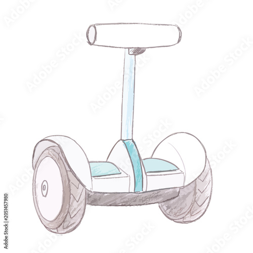 A hand drawn sketch of a self balancing personal electric scooter.