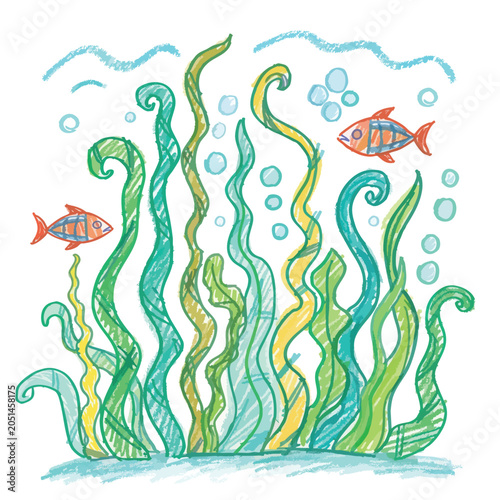 Hand drawn colorful underwater scene with seaweed and small fish.