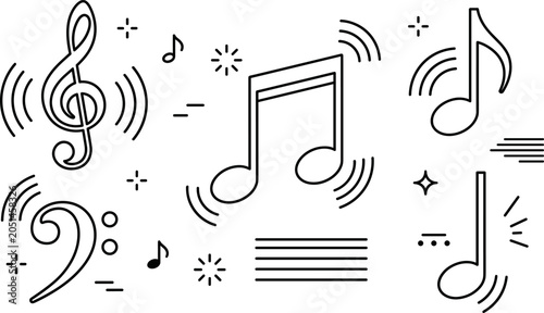Quadro su tela Music Note and Clef Line Icon Set with Treble Bass Clef and Sound Wave Symbols f