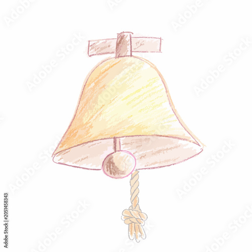A hand drawn colored pencil sketch of a simple brass bell.