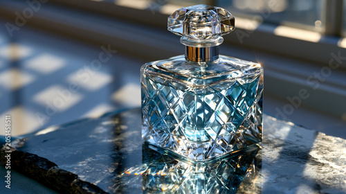 Faceted perfume flacon on reflective obsidian slab, dramatic sidelight casting geometric shadow architecture across the surface, stopper casting secondary reflection, luxury fragrance still life for