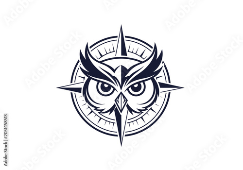 Fotografía Monochrome owl head integrated with navigational compass rose emblem