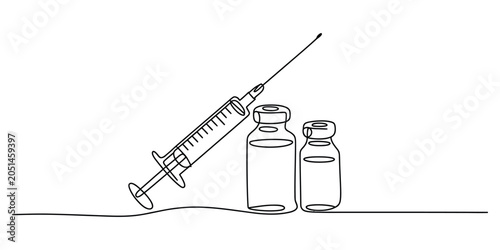 Medical syringe and two medicine vials in a continuous one line drawing style