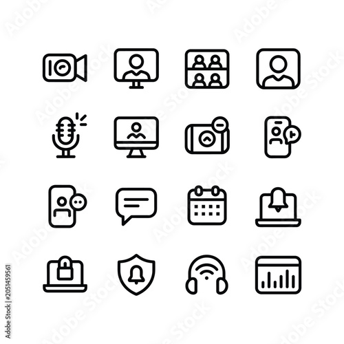 Minimalist video conference icon set, 16 outline vector icons for online meeting and webinar, digital communication symbols for remote work apps