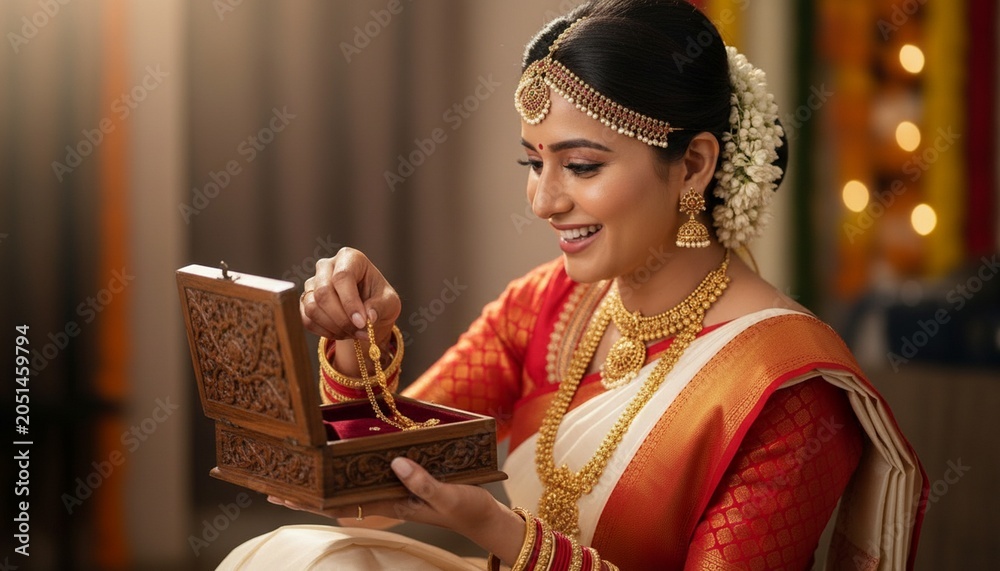 Fototapeta premium Woman in traditional indian attire holding a jewelry box and gold necklace
