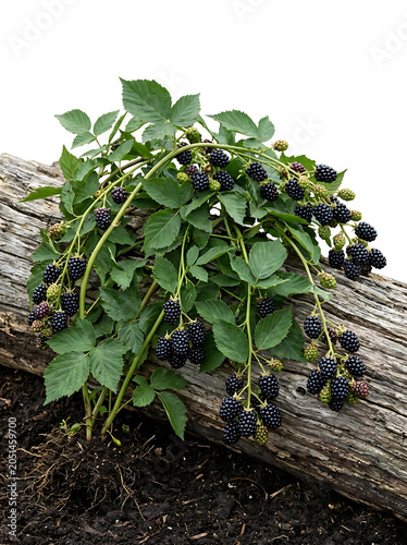 Blackberry bush with ripe berries growing on a log, isolated on white