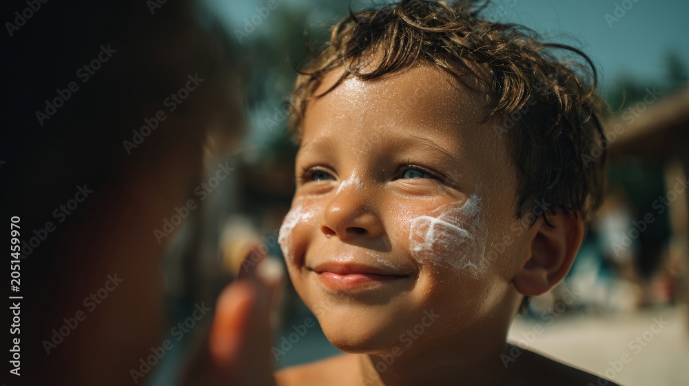Fototapeta premium Happy Young Boy Wearing Sunscreen On Sunny Day