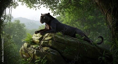 Black bear resting on fallen log in forest.