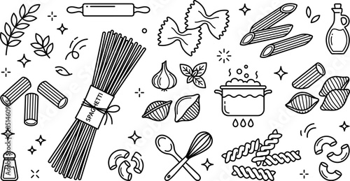 Fotografie Raw Italian Pasta Assortment and Kitchen Utensils Cooking Ingredients Vector Ico