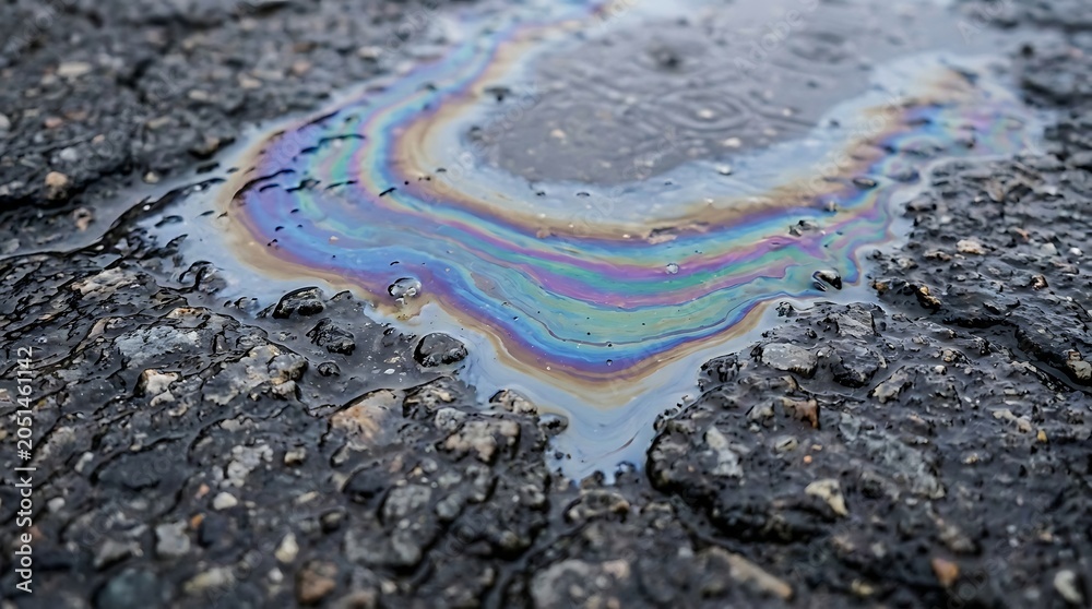 Naklejka premium Iridescent rainbow colored oil spill forming abstract puddle on wet rough asphalt surface symbolizing environmental pollution and ecological hazard