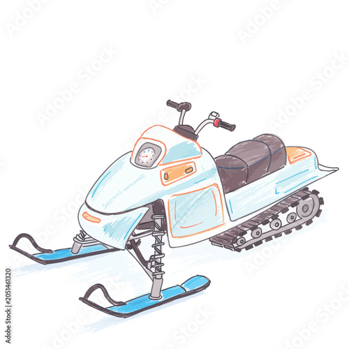 Hand drawn illustration of a white and blue snowmobile for winter sports.