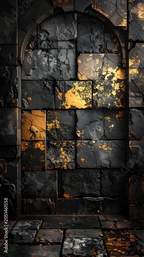 A dark, aged stone wall with a rounded archway and warm, golden light shining on it