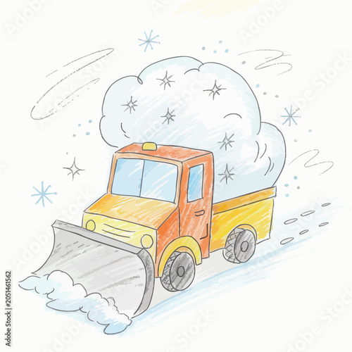 Cartoon illustration of a yellow snowplow truck clearing snow.