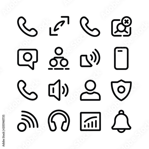 Minimalist communication icons set, 16 black line telephone and customer support symbols, modern call center and mobile interface vector elements