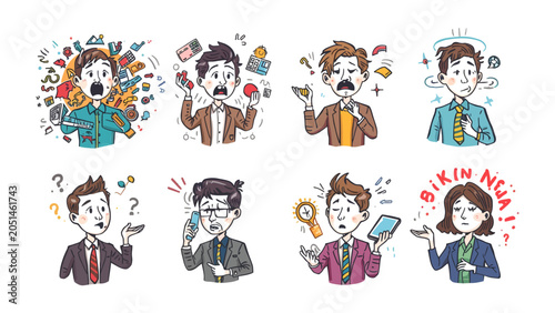 Slika na platnu Stressed Professionals Collection: A set of eight cartoon illustrations depicting businessmen and businesswomen in various states of confusion, stress, and panic, surrounded by chaotic elements