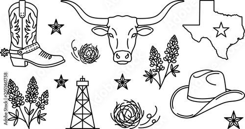 Quadro su tela Texas Western Cowboy Line Icon Set with Longhorn Bull Boot Hat Oil Derrick Map