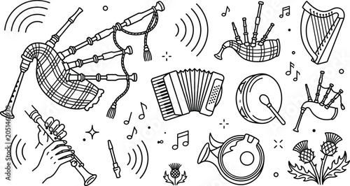 Bild auf Leinwand Traditional Scottish Bagpipes and Folk Musical Instruments Line Icon Set Graphic