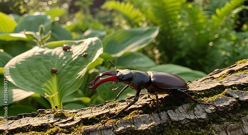 Black beetle crawling on green forest floor.