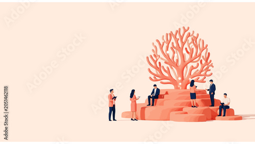 Business Networking and Growth Ecosystem Concept with Professional People Collaborating Around a Stylized Digital Tree