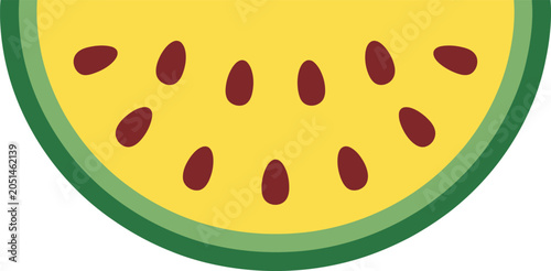 Konstfotografi Yellow watermelon slice closeup with dark seeds and green striped rind