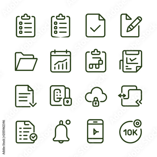 Minimalist business management icons, set of 16 line vector symbols for office productivity, document and data workflow icons for web design