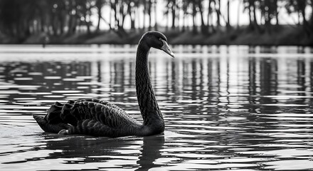 Black and white duck swimming in pond with reflections.