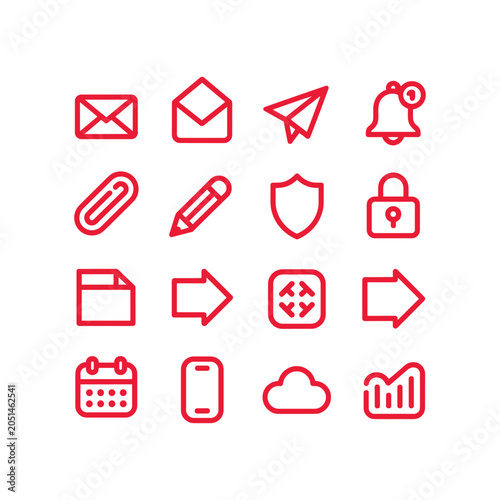 Red line icon set of 16 business and communication symbols, minimalist web interface vector elements, modern office app icons