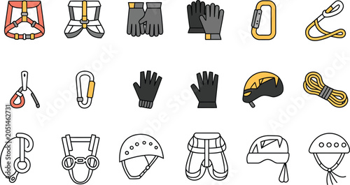 Climbing equipment and safety gear icon set with harnesses and protection.