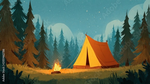 Cozy outdoor camping illustration featuring a traditional tent and warm glow