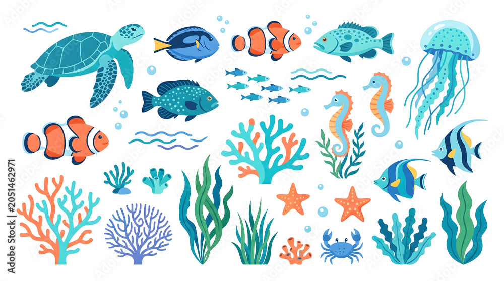 Obraz premium A colorful illustration of various ocean creatures and coral reef elements