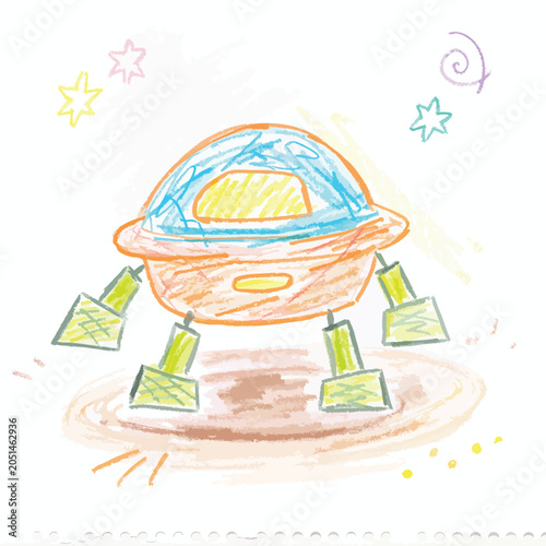A colorful hand drawn illustration of a flying saucer spaceship.