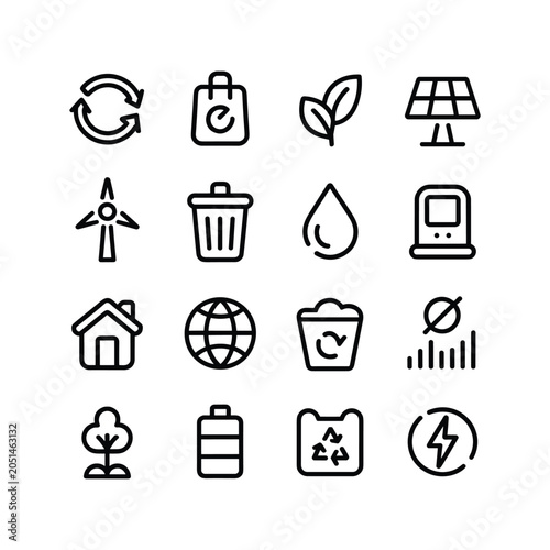 Minimalist ecology line icons set, 16 sustainable energy and recycling vector symbols, clean black outline eco friendly graphics for web design
