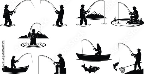 Bild auf Leinwand Fishing Activity Silhouette Vector Set with Anglers Boats Riverbank Casting and