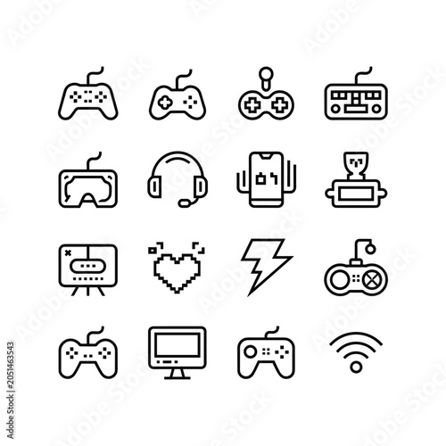 Minimalist gaming line icons set, 16 video game controller and esports vector elements, black outline gamer equipment symbols for web design
