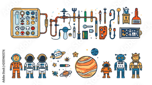 Bild auf Leinwand Astronauts and Robots in Space: A whimsical illustration depicting astronauts, robots, planets, and various space-themed tools and objects arranged in a colorful and imaginative composition